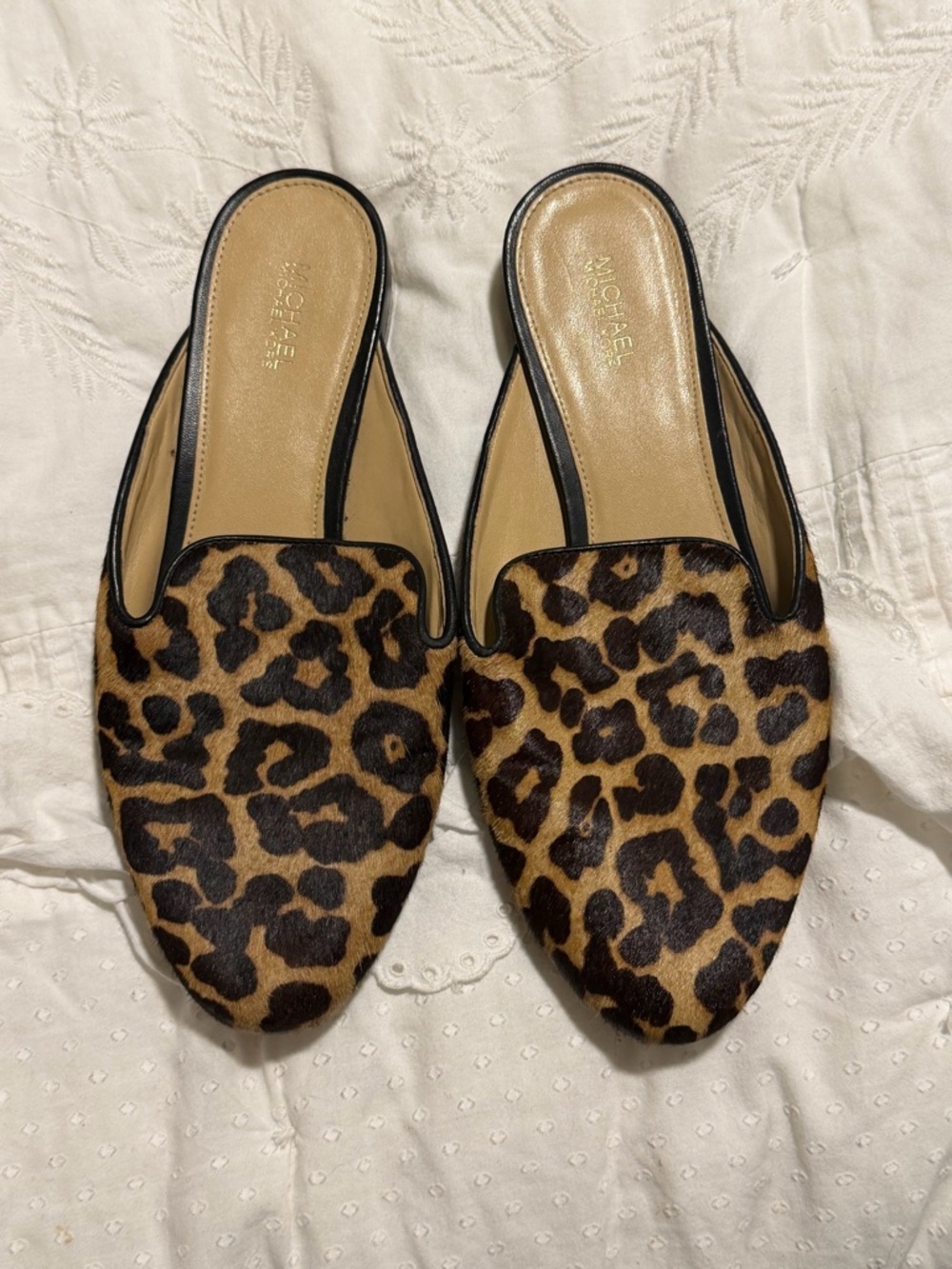 Michael Kors Leopard Print Pointed Slide Loafers in Tan and Black